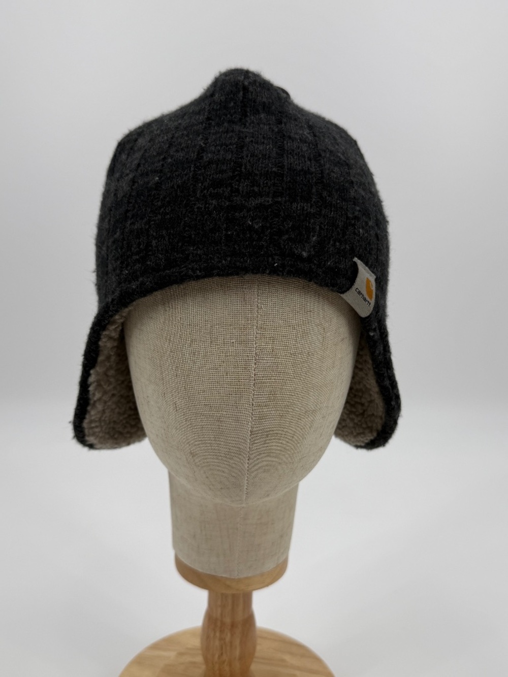 Carhartt Black Sherpa Lined Ear Flap Knit Beanie Hat Black Winter Workwear